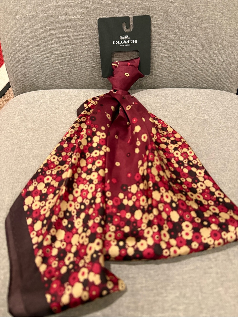 Coach Burgundy Floral Silk Scarf with Yellow Accents